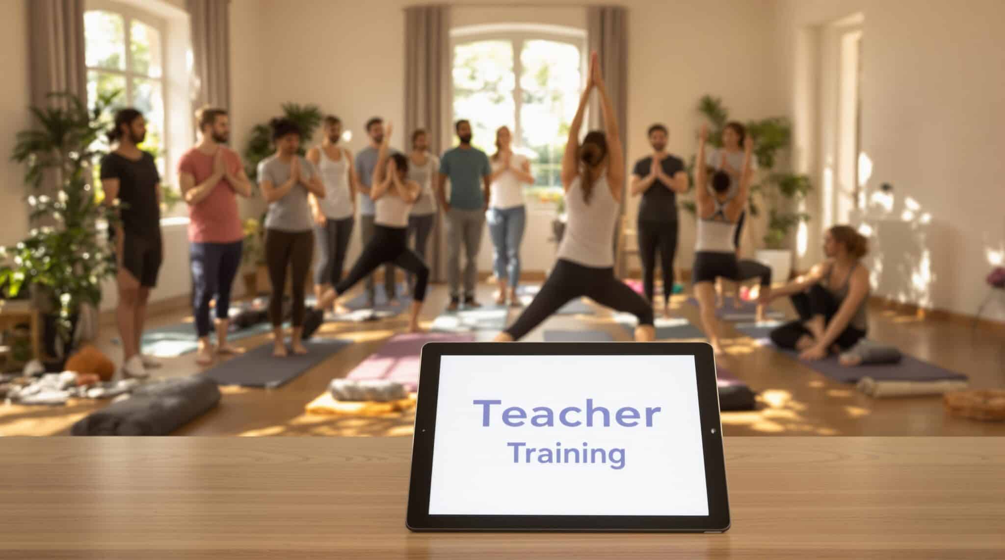 Yoga teacher leads trainees in sunlit studio, with 'Teacher Training' on tablet